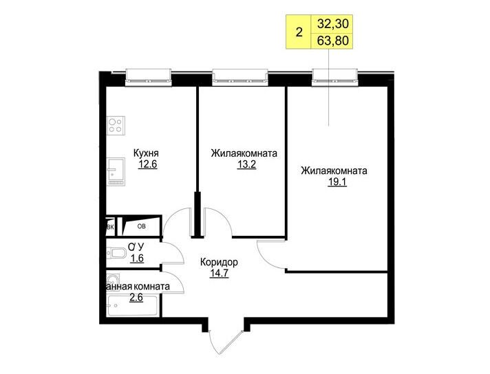 Планировка: 2-комн. квартира 63.90 м² в новостройке Корица