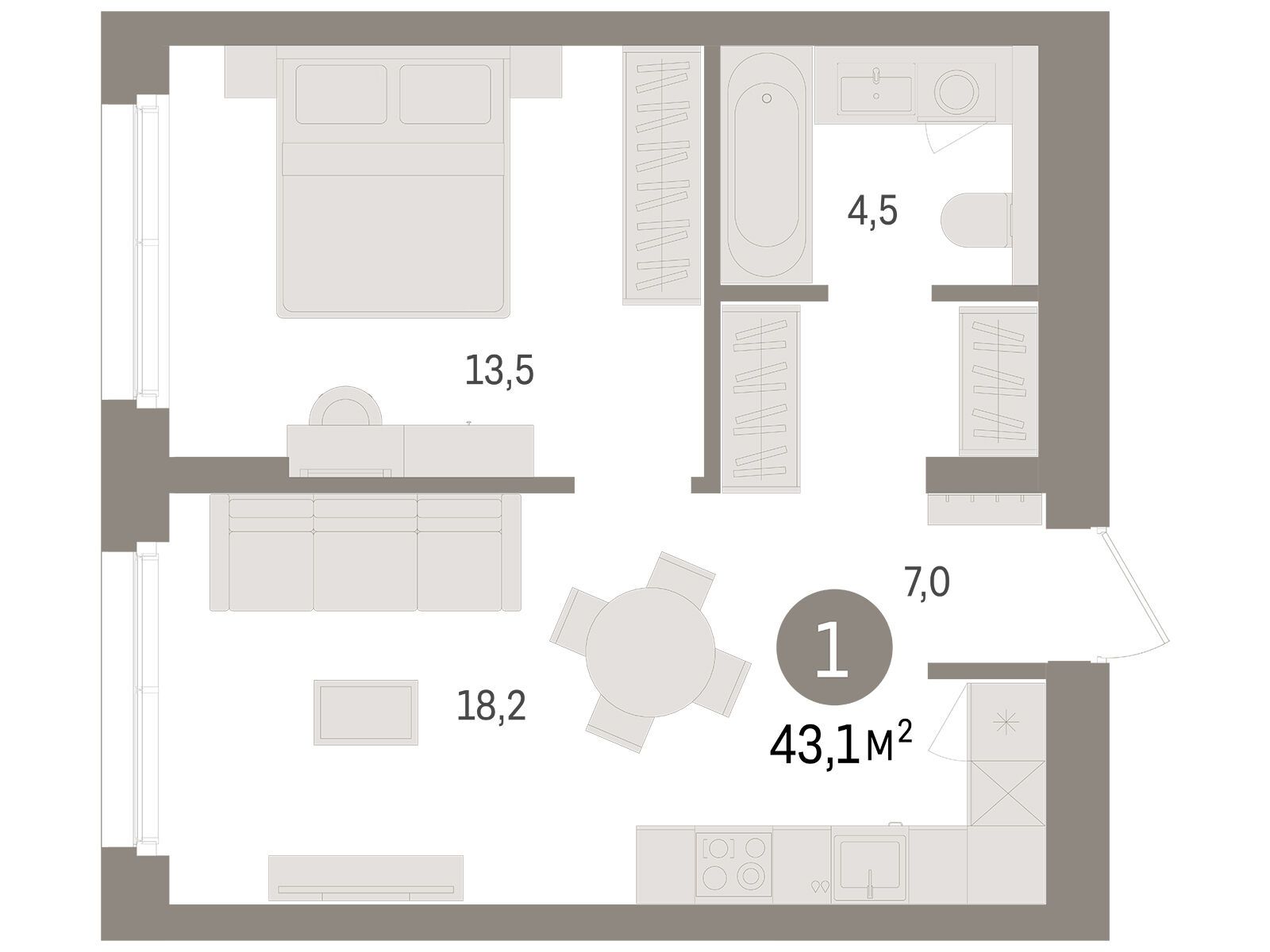 Планировка: 1-комн. квартира 43.10 м² в новостройке Брусника в Новоселье