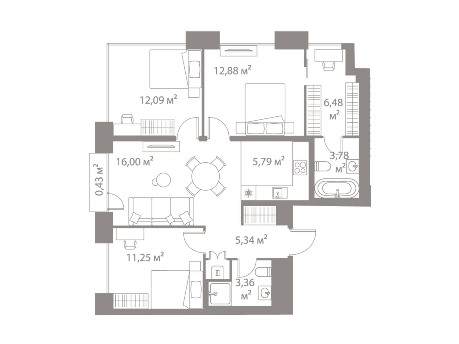 Планировка: 3-комн. квартира 77.48 м² в новостройке Лайф Варшавская