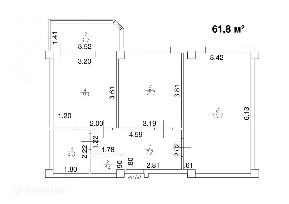 Планировка: 2-комн. квартира 61.80 м² в новостройке Квартал Лета