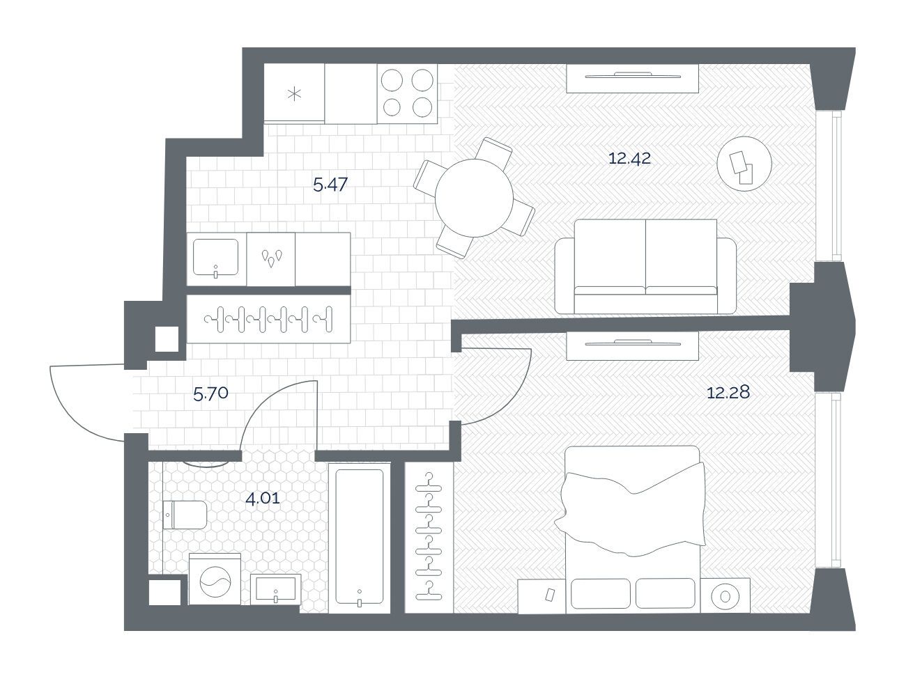 Планировка: 1-комн. квартира 39.88 м² в новостройке Тейт