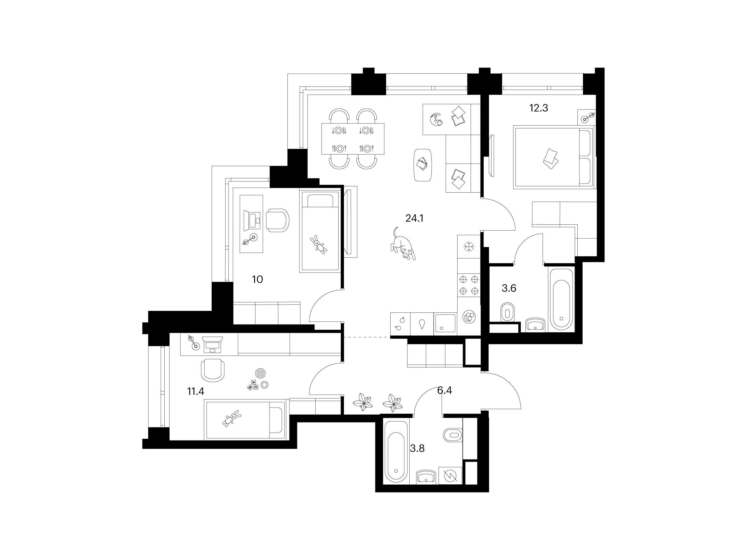 Планировка: 3-комн. квартира 71.60 м² в новостройке Строгино 360
