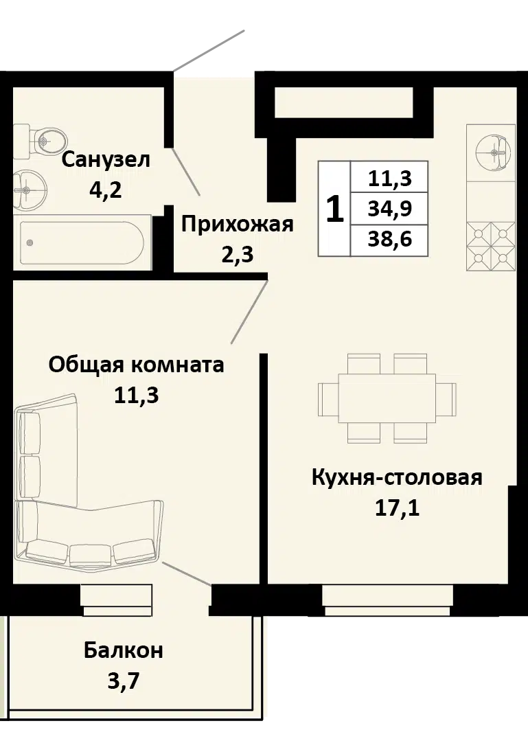 Планировка: 1-комн. квартира 37.50 м² в новостройке Южные Соседи