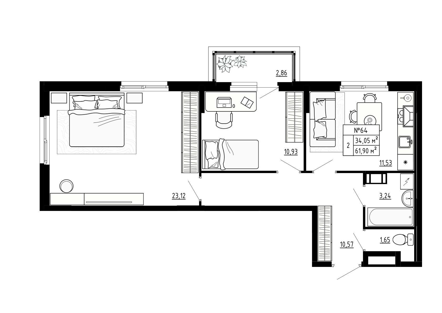 Планировка: 2-комн. квартира 61.90 м² в новостройке Аннино Сити