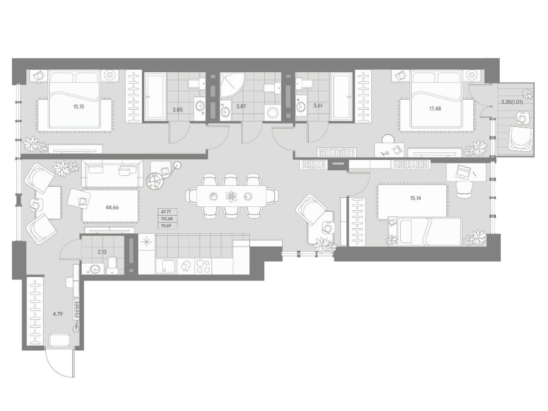 Планировка: 3-комн. квартира 111.69 м² в новостройке Авант