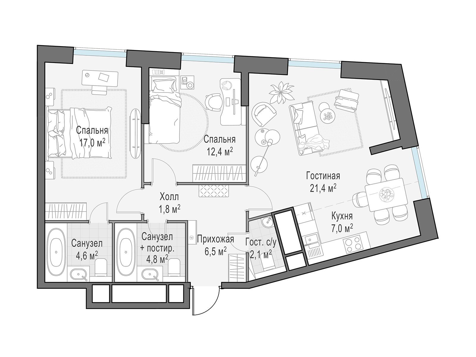 Планировка: 2-комн. квартира 77.60 м² в новостройке Кутузов Град 2