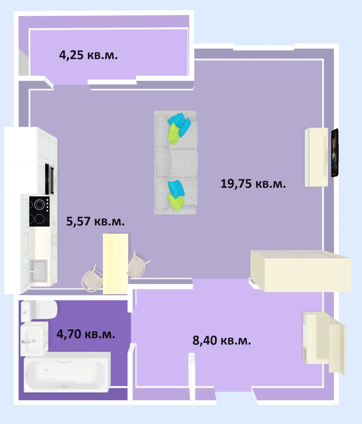 Планировка: 1-комн. квартира 42.67 м² в новостройке Успех