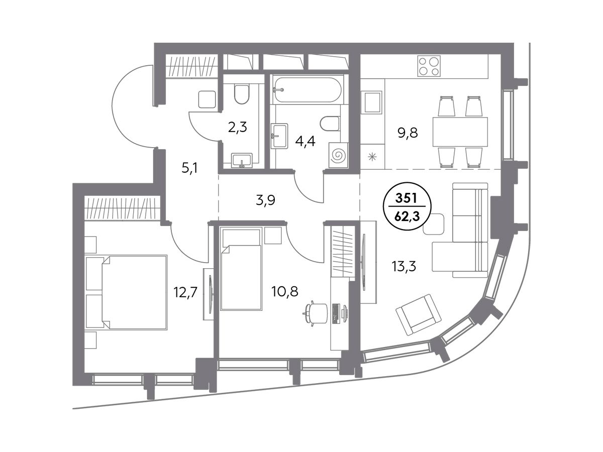 Планировка: 2-комн. квартира 62.30 м² в новостройке Дом 56