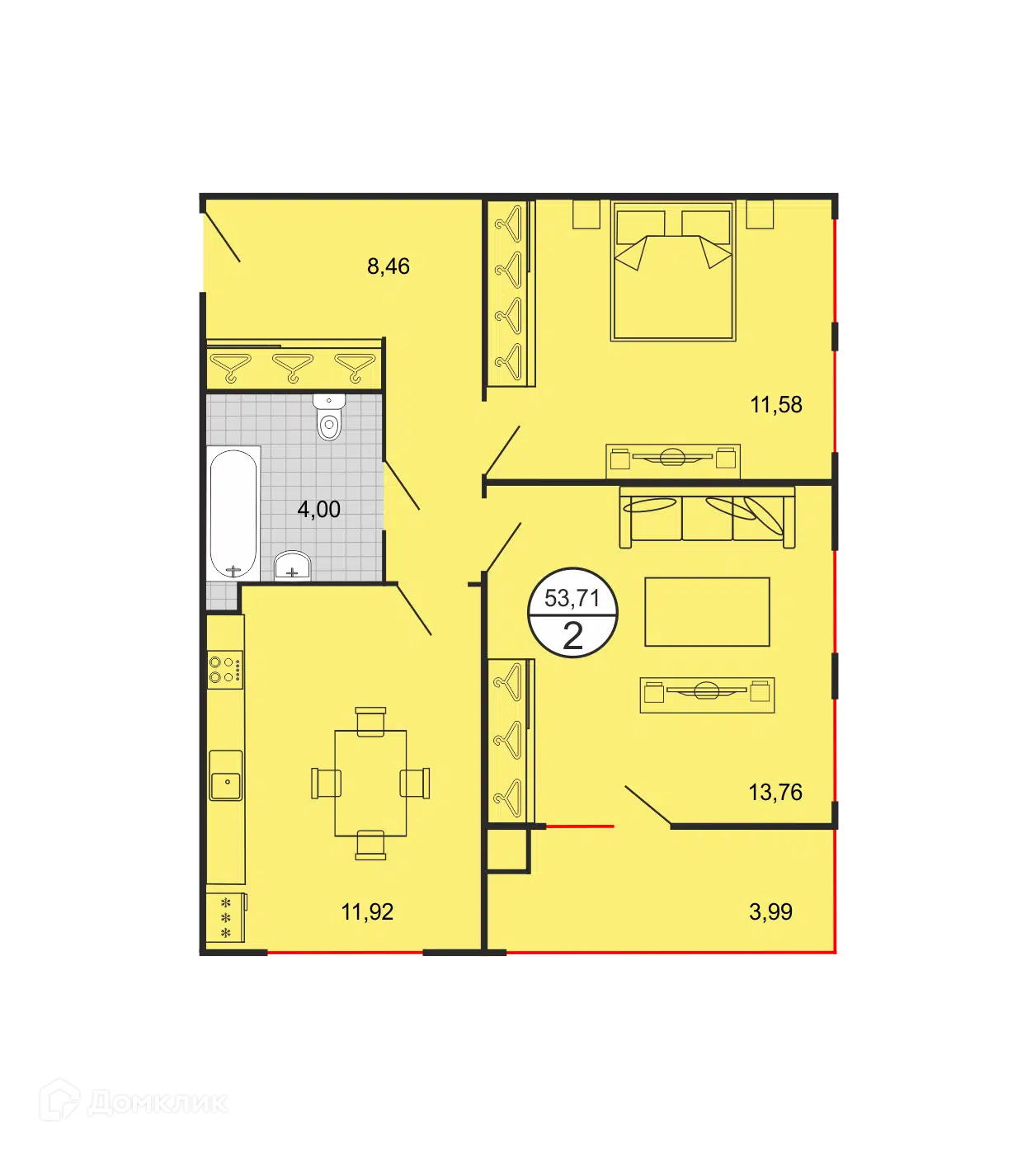 Планировка: 2-комн. квартира 53.71 м² в новостройке Дыхание