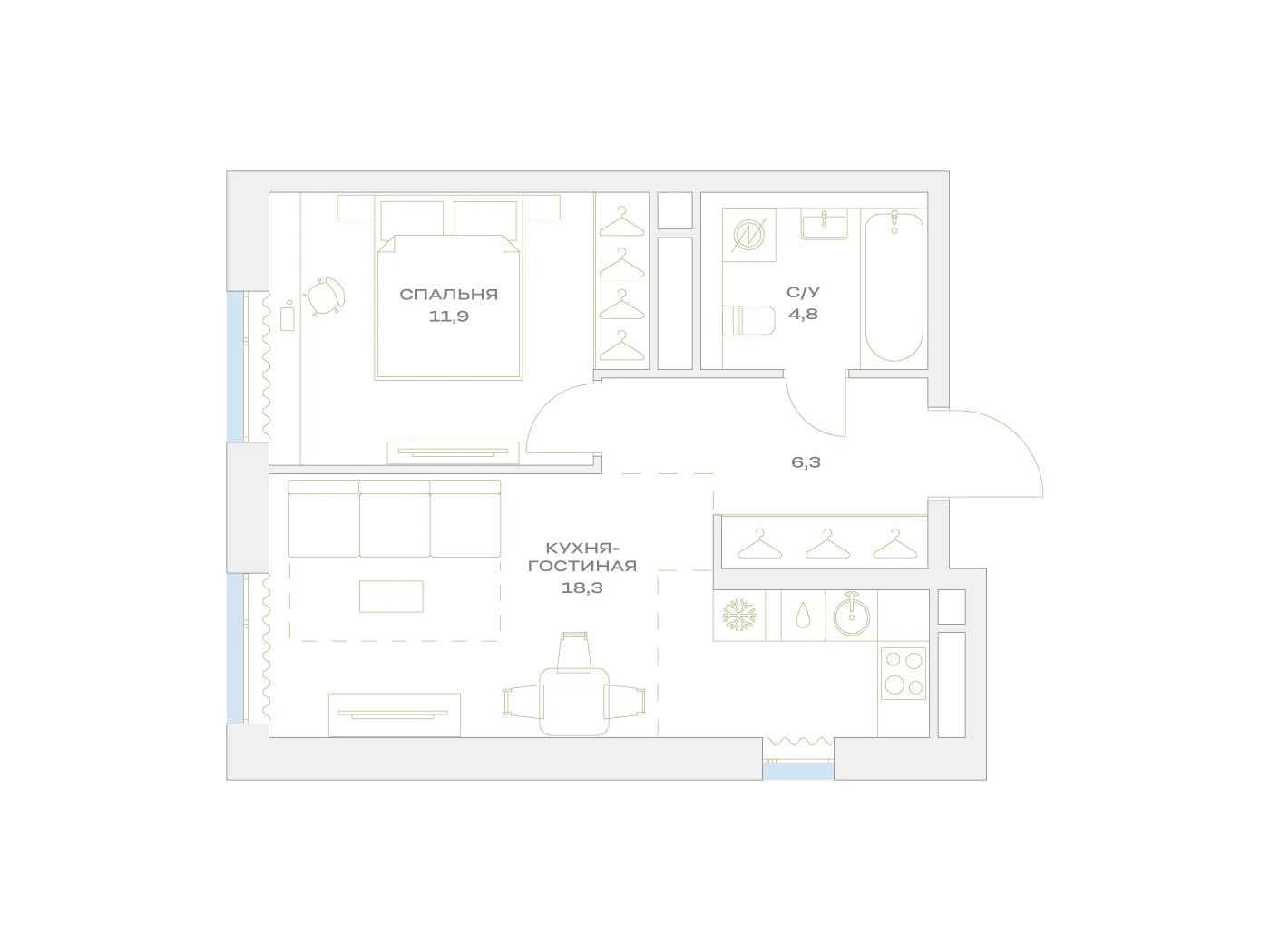 Планировка: 1-комн. квартира 41.30 м² в новостройке Детали