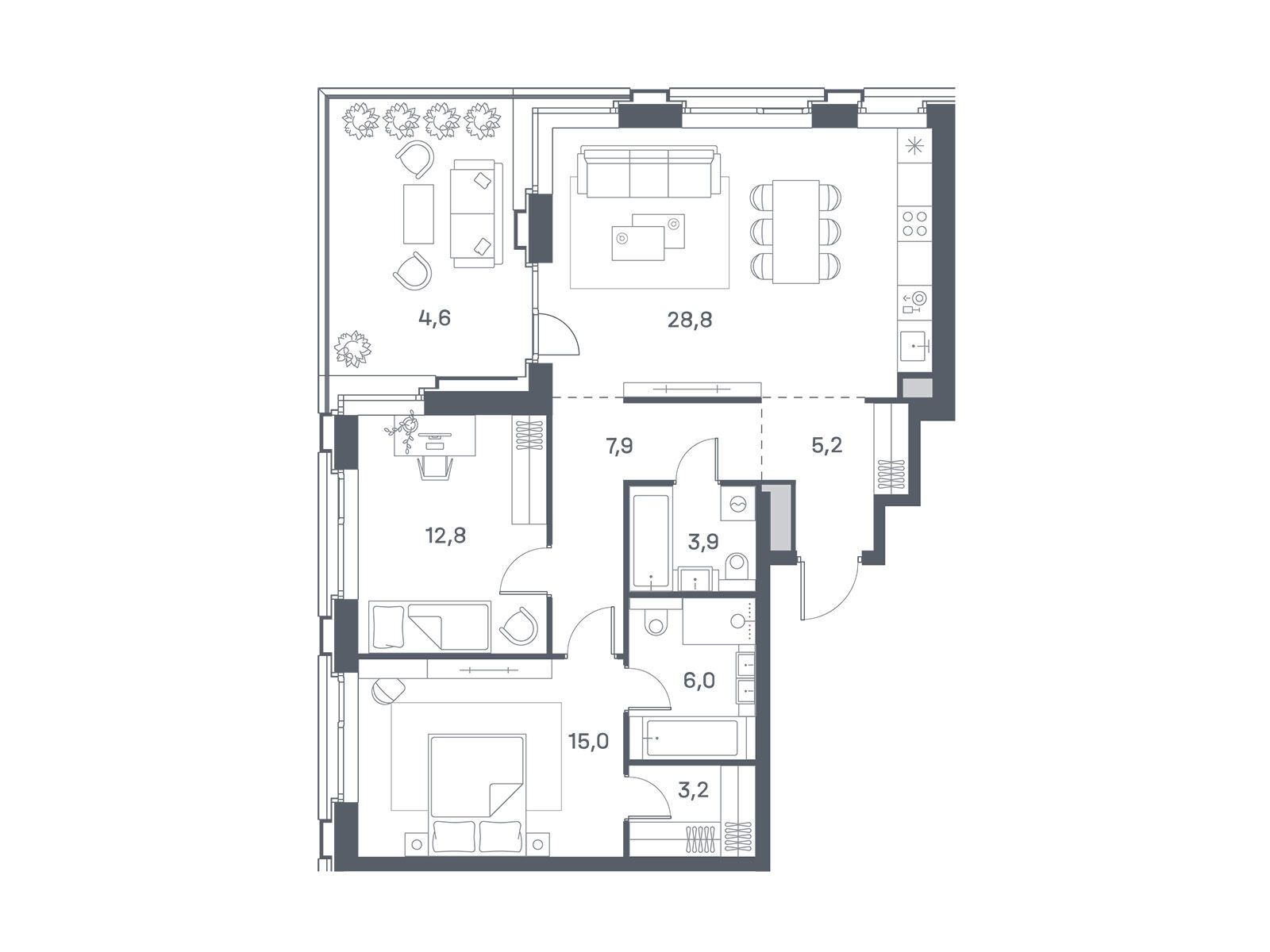 Планировка: 2-комн. квартира 87.40 м² в новостройке Портленд. Дом на берегу