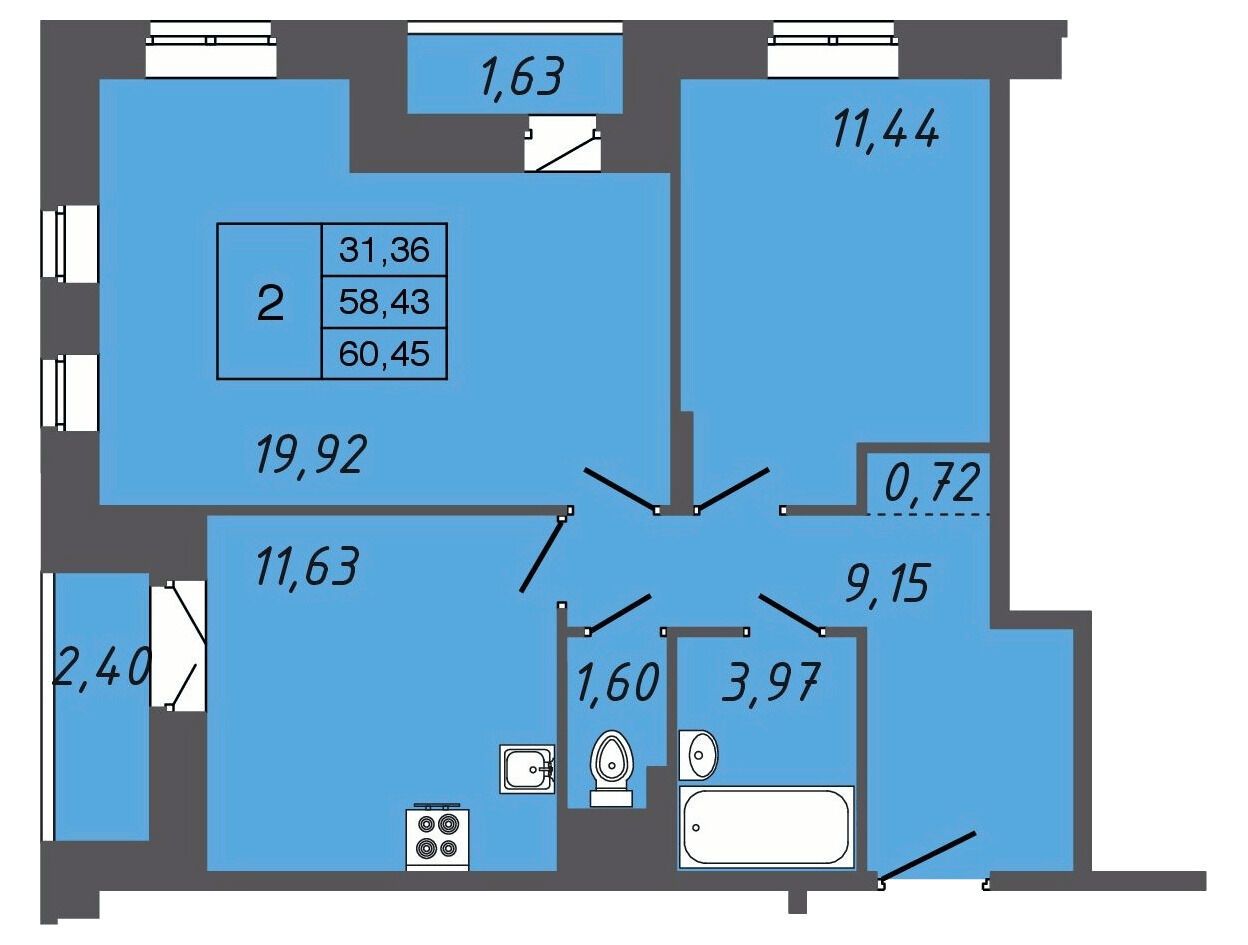 Планировка: 2-комн. квартира 60.55 м² в новостройке Апрель