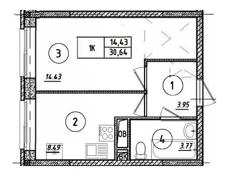 Планировка: 1-комн. квартира 30.64 м² в новостройке Парковый