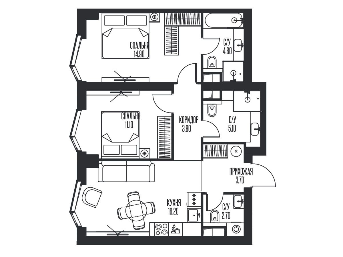 Планировка: 2-комн. квартира 62.30 м² в новостройке ЖК Айс Тауэрс