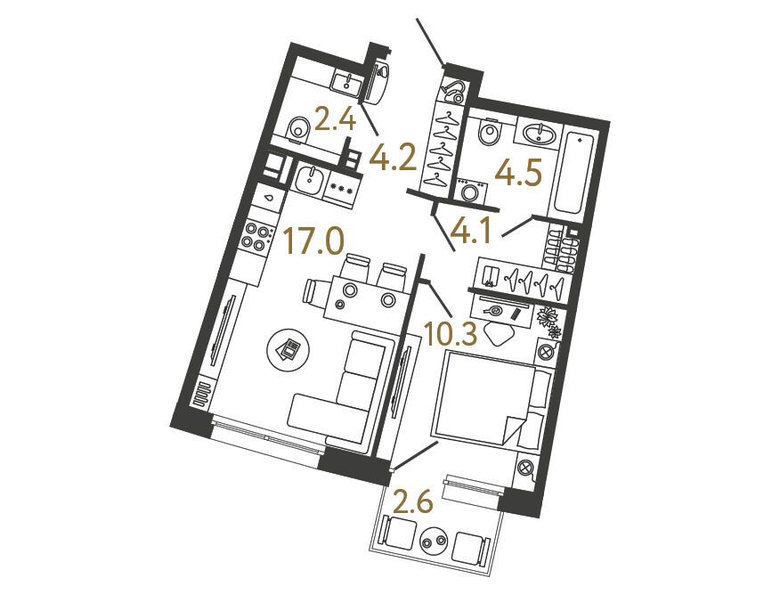 Планировка: 1-комн. квартира 42.50 м² в новостройке Цвет Зеленогорска