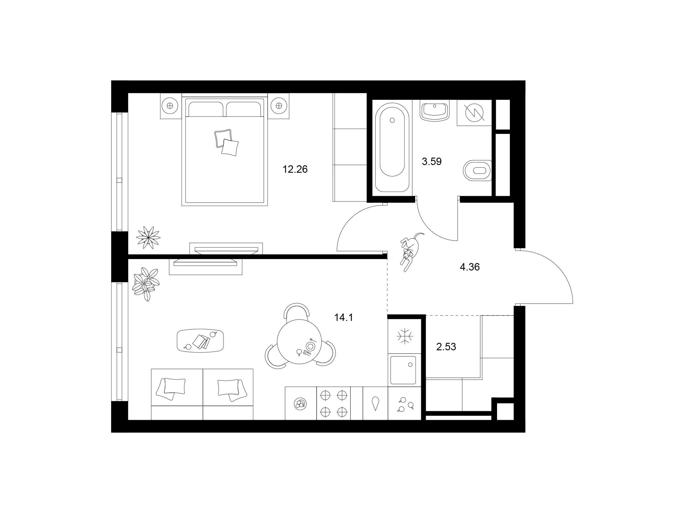 Планировка: 1-комн. квартира 36.84 м² в новостройке Квартал Мит