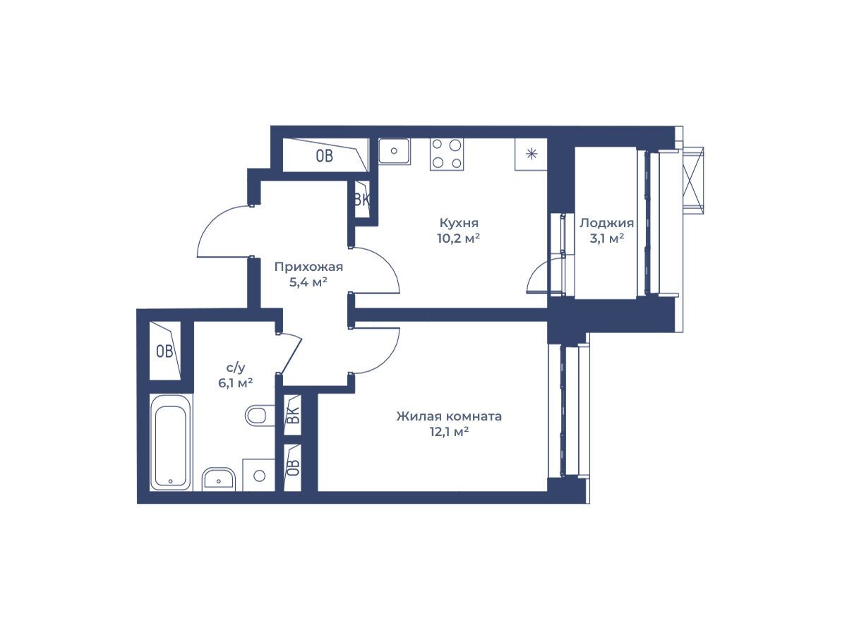 Планировка: 1-комн. квартира 35.40 м² в новостройке Цветочный Город