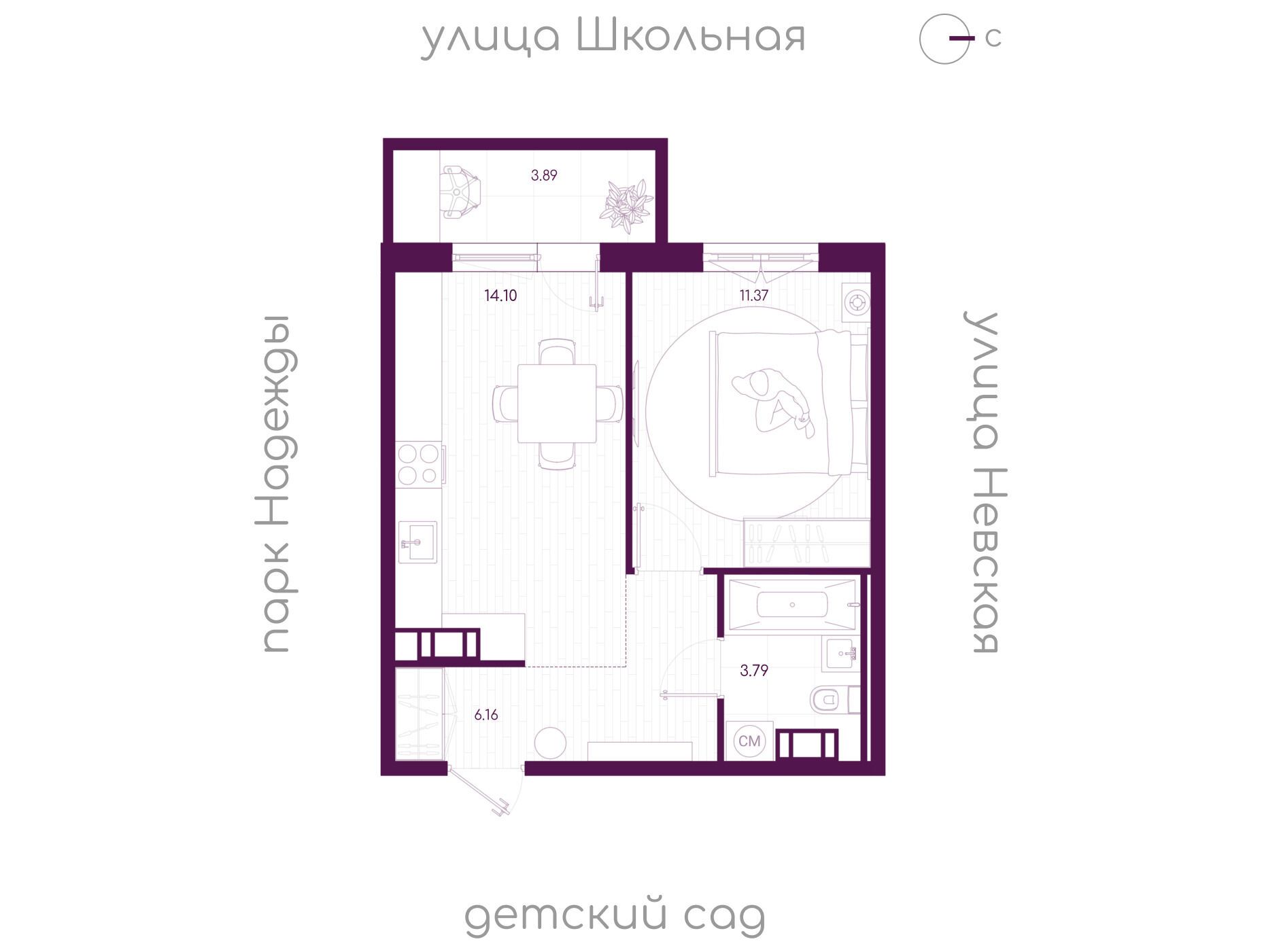 Планировка: 1-комн. квартира 36.59 м² в новостройке Дубровка.Парк