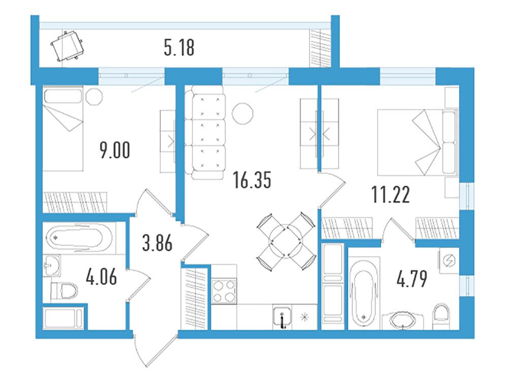Планировка: 2-комн. квартира 50.83 м² в новостройке Южный форт