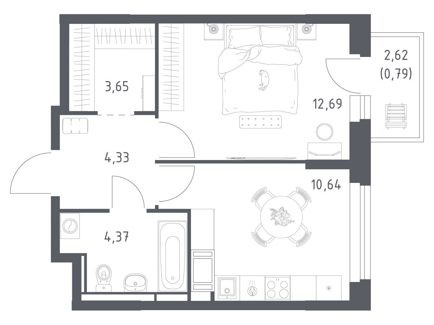 Планировка: 1-комн. квартира 36.47 м² в новостройке Новое Колпино