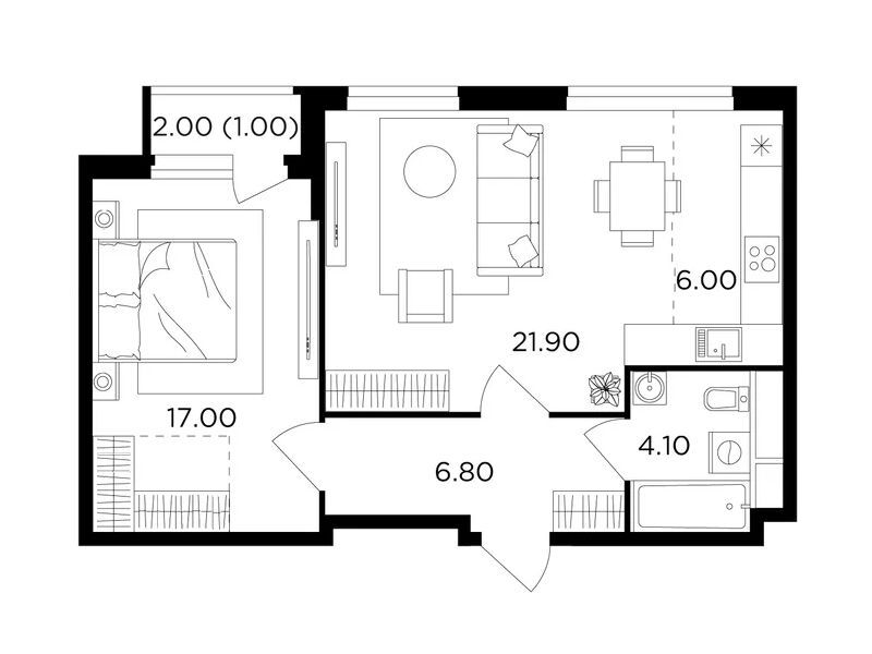 Планировка: 1-комн. квартира 56.80 м² в новостройке Филатов луг