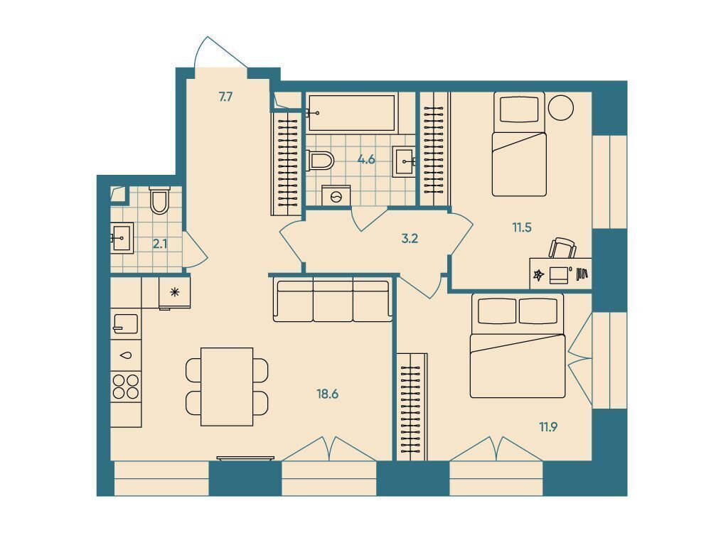 Планировка: 3-комн. квартира 60.00 м² в новостройке Эра