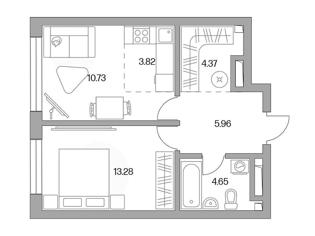 Планировка: 2-комн. квартира 42.81 м² в новостройке ЖК Тринити