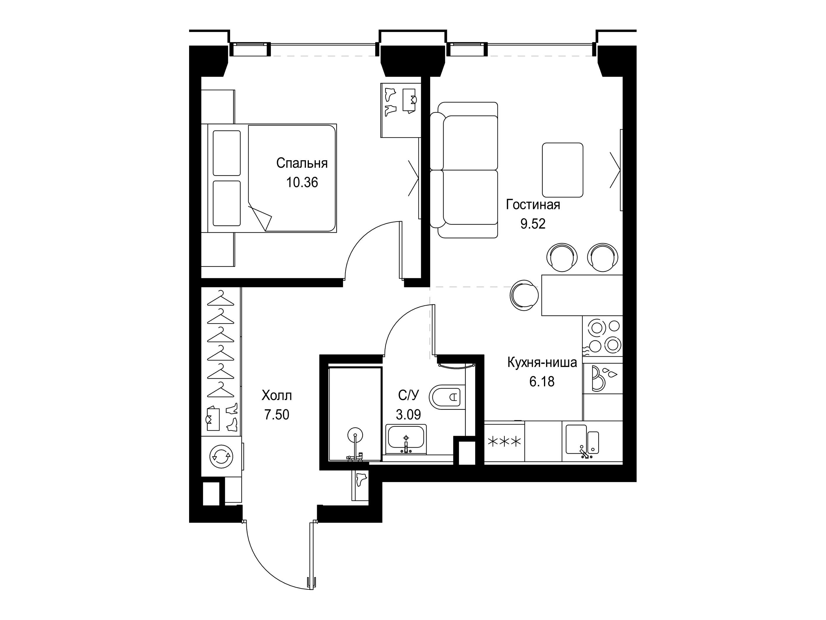 Планировка: 1-комн. квартира 36.65 м² в новостройке Сет