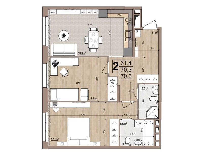 Планировка: 2-комн. квартира 70.30 м² в новостройке Гранд Комфорт