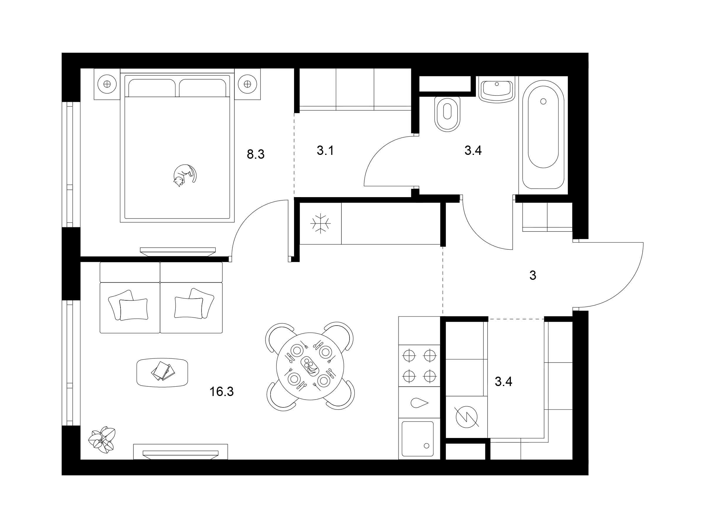 Планировка: 1-комн. квартира 37.50 м² в новостройке Руставели 14