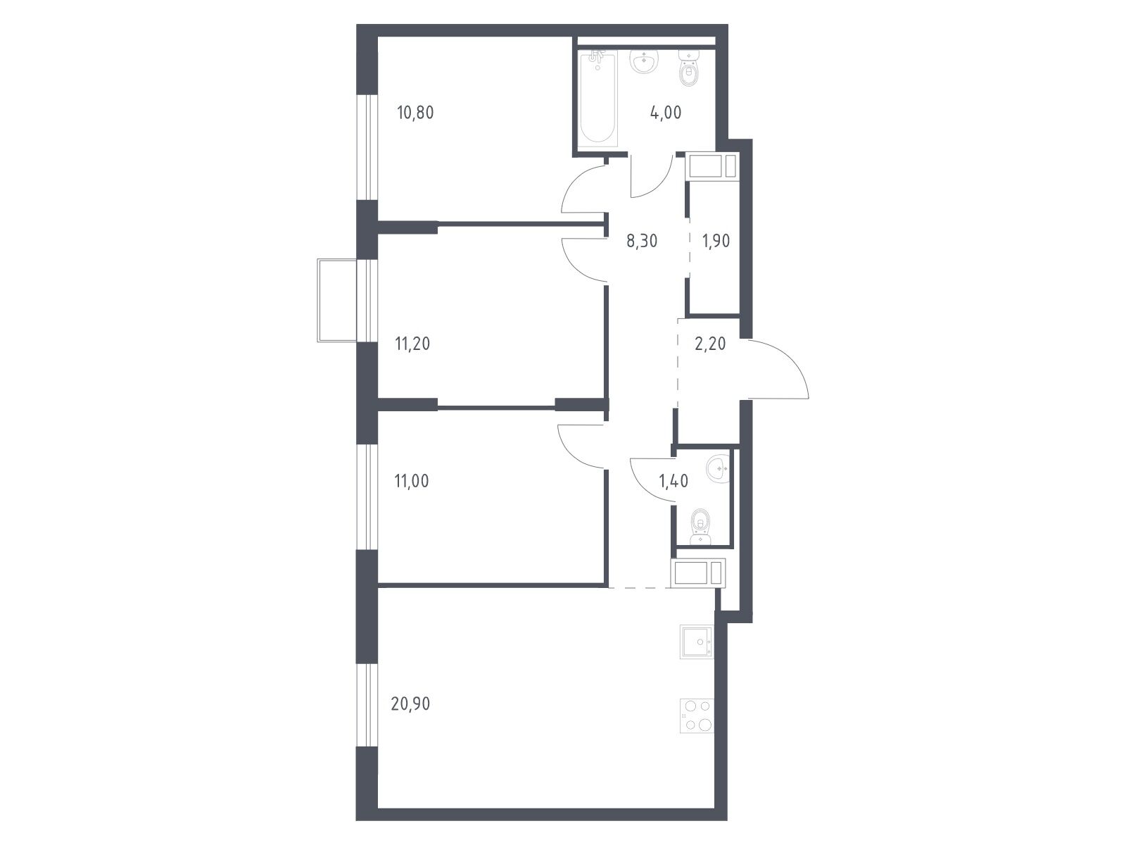 Планировка: 3-комн. квартира 71.10 м² в новостройке Курортный Квартал