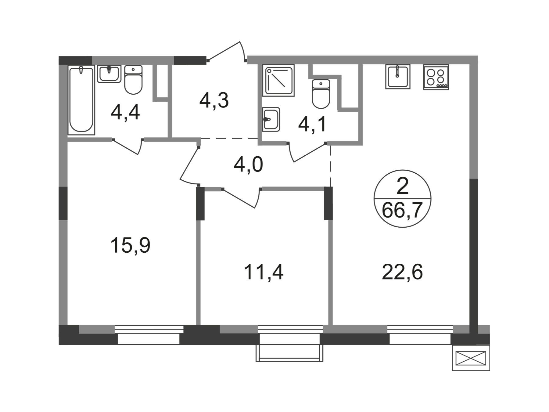 Планировка: 2-комн. квартира 66.70 м² в новостройке Резиденции Сколково