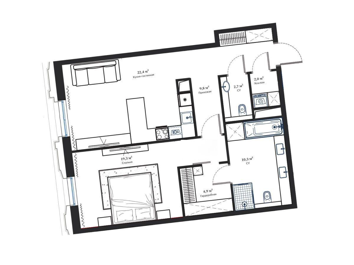 Планировка: 2-комн. квартира 71.40 м² в новостройке Дом Франка