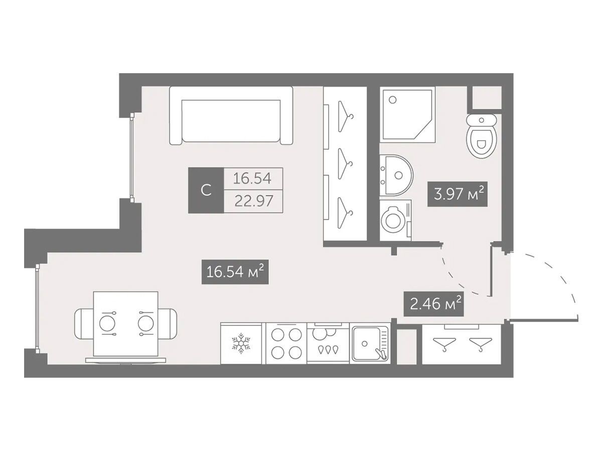 Планировка: Студия 22.97 м² в новостройке Новый Московский