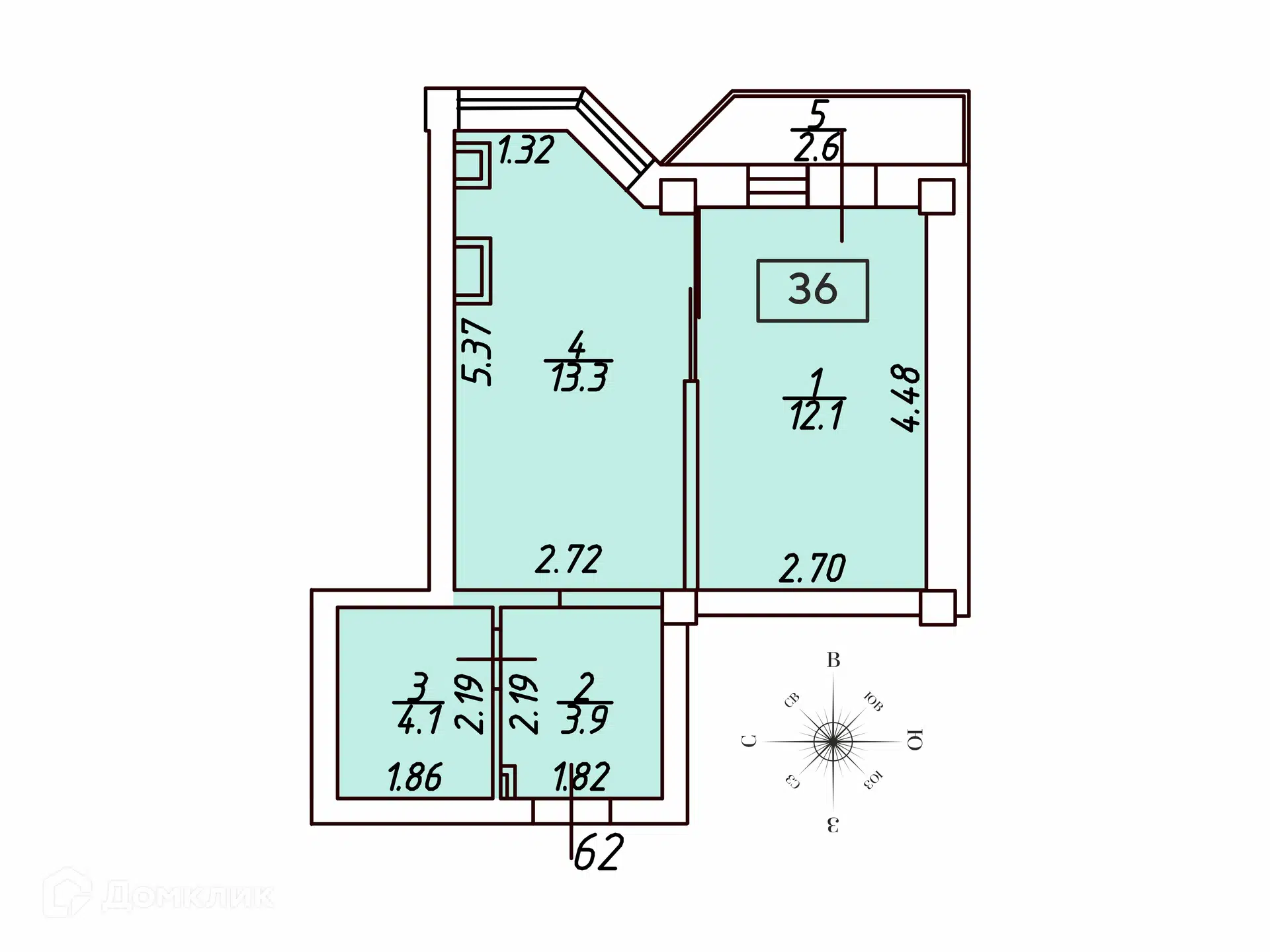 Планировка: 1-комн. квартира 36.00 м² в новостройке Кленовая роща
