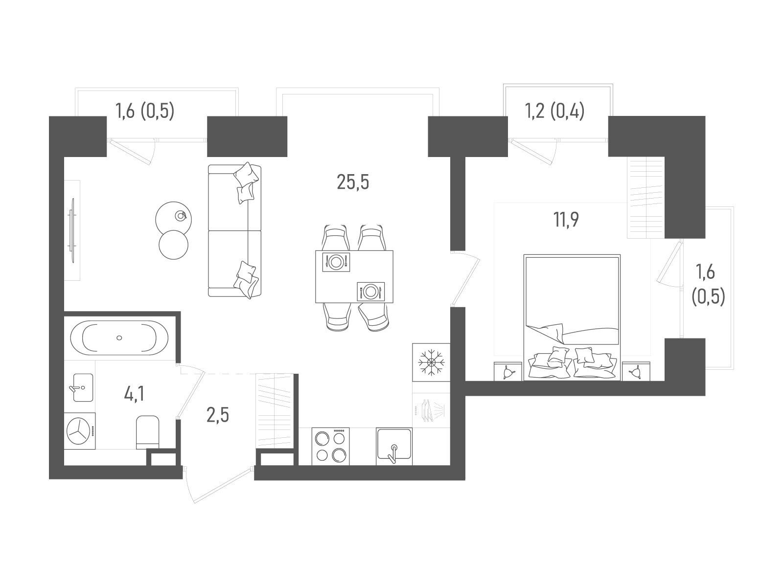 Планировка: 1-комн. квартира 45.40 м² в новостройке Татум