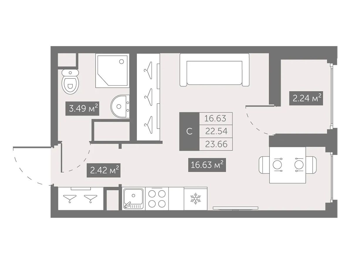 Планировка: Студия 23.66 м² в новостройке Новый Московский