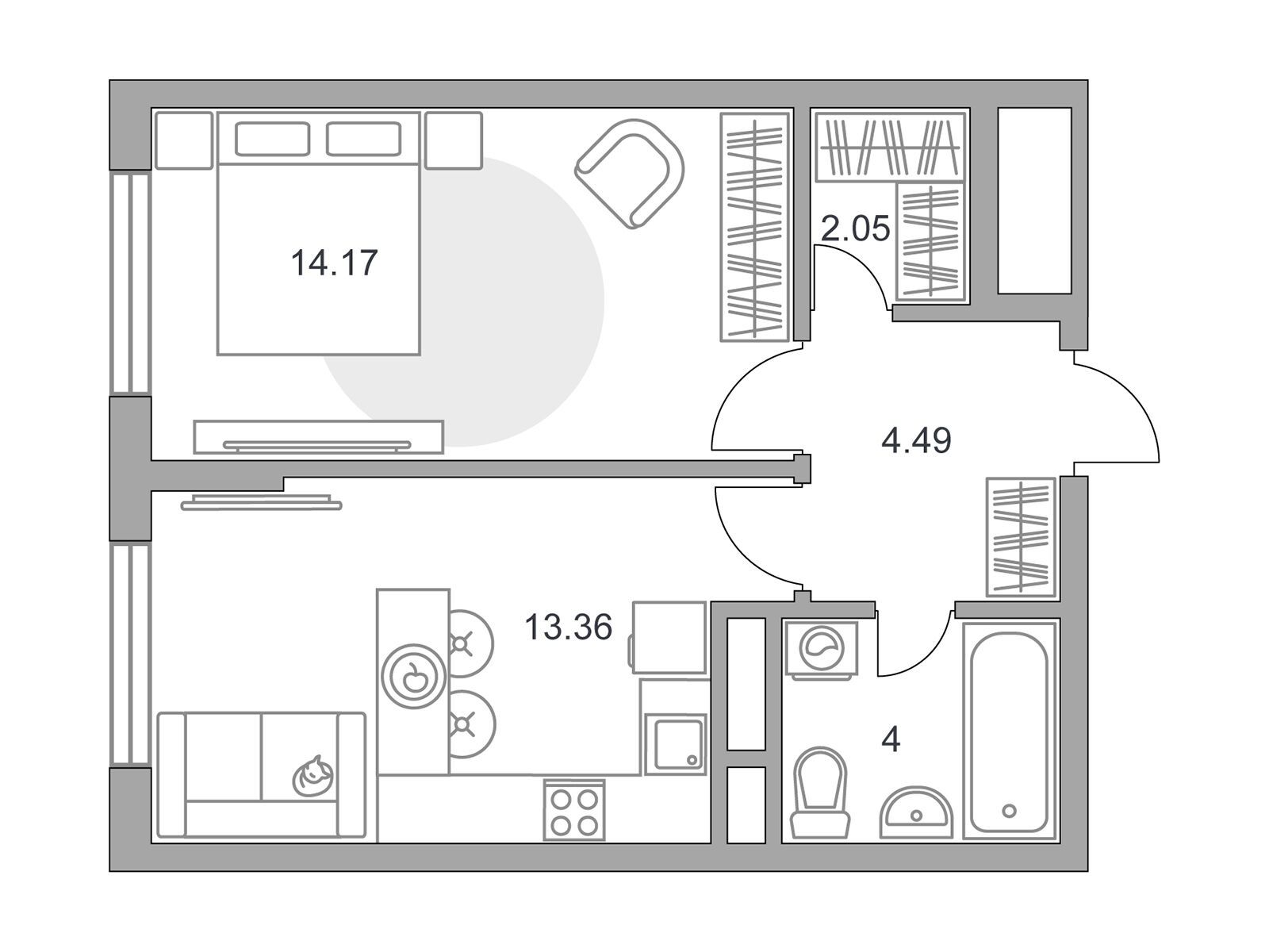 Планировка: 1-комн. квартира 38.07 м² в новостройке Новая Алексеевская роща