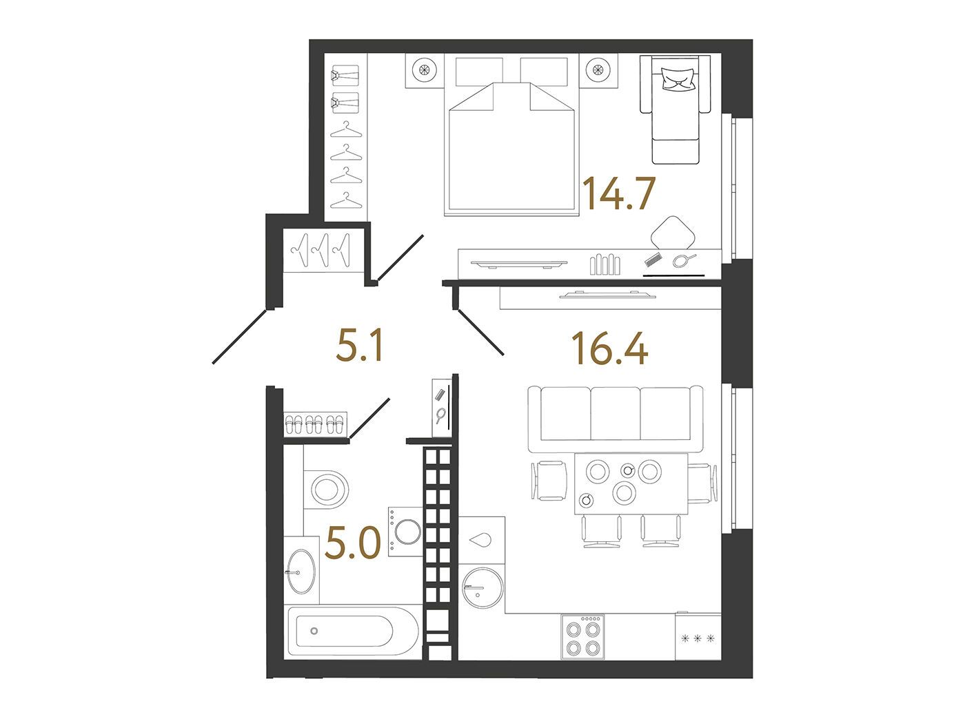 Планировка: 1-комн. квартира 41.20 м² в новостройке Визионер