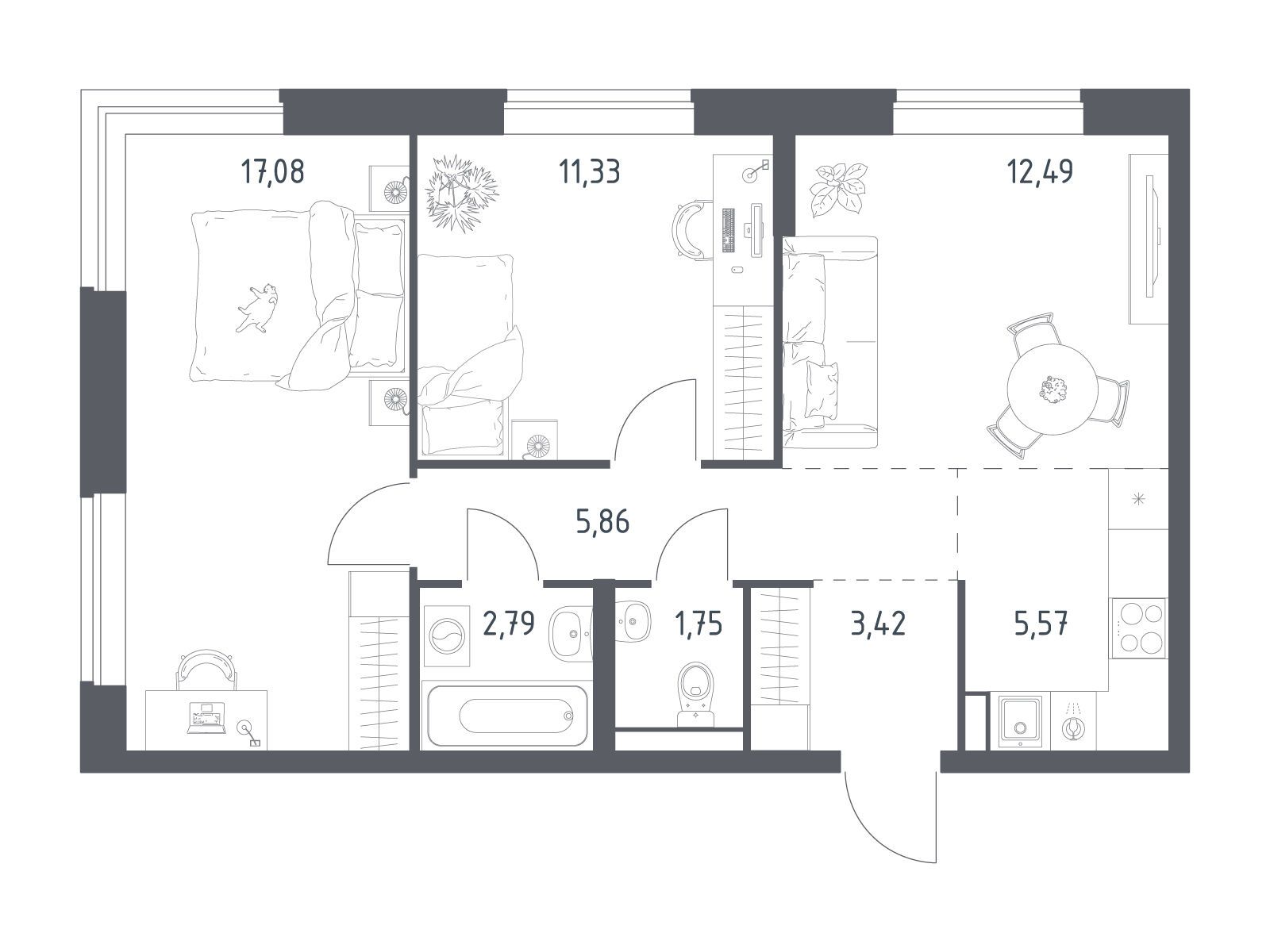 Планировка: 2-комн. квартира 60.29 м² в новостройке Новое Видное