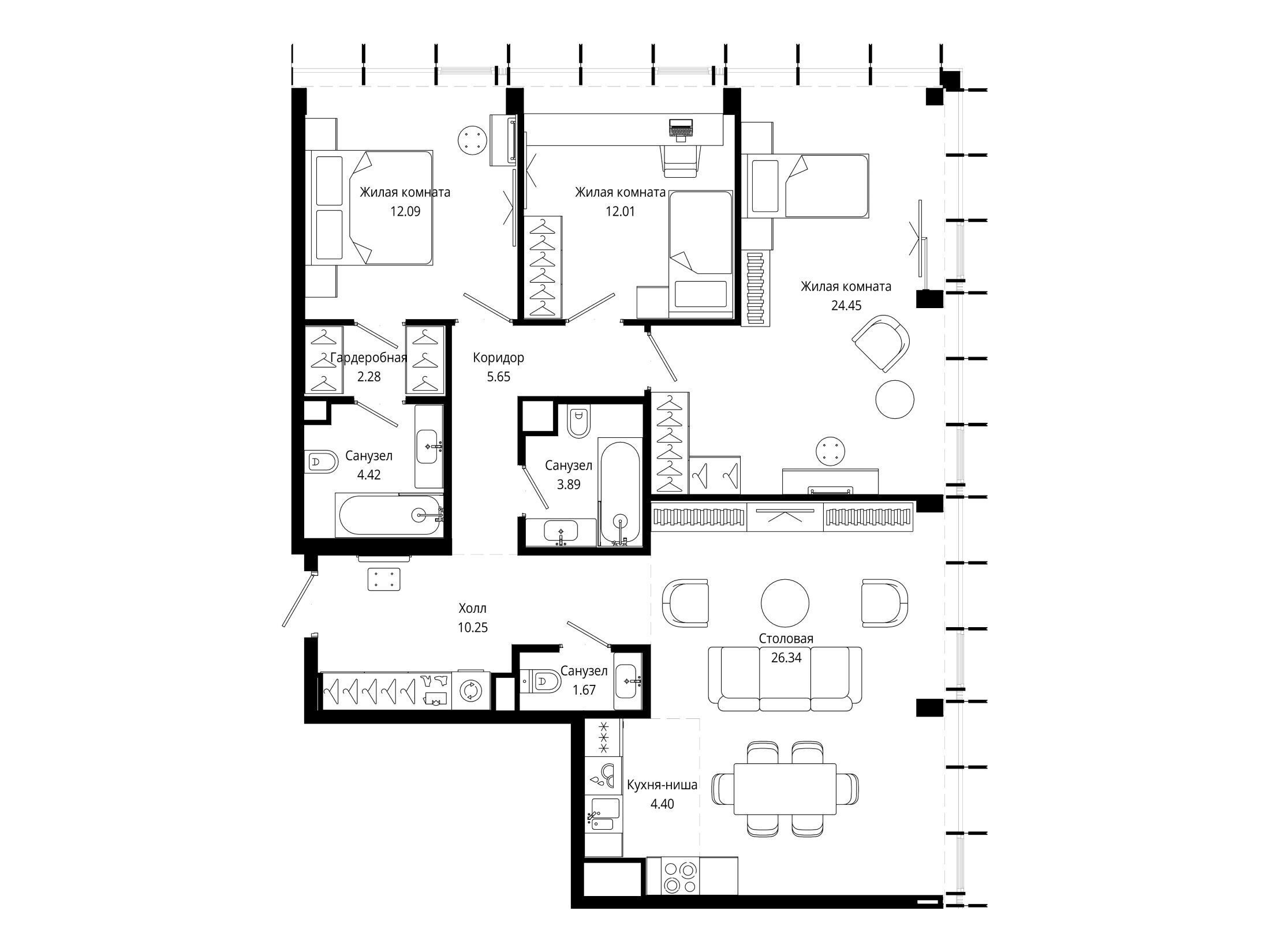 Планировка: 3-комн. квартира 106.90 м² в новостройке Мод