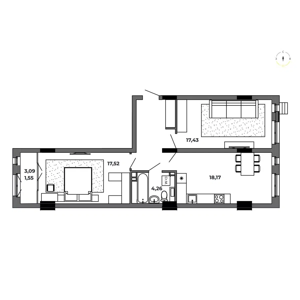 Планировка: 2-комн. квартира 69.49 м² в новостройке Красный Пахарь