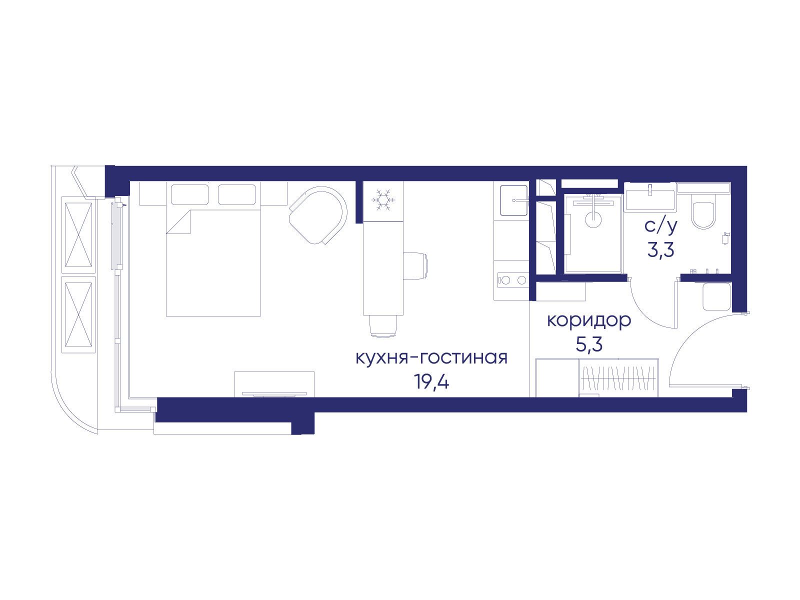Планировка: Студия 28.00 м² в новостройке Остров