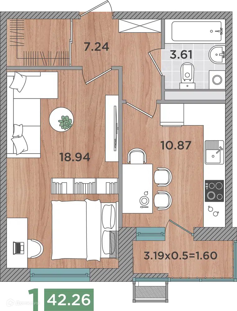 Планировка: 1-комн. квартира 42.26 м² в новостройке Сады у моря