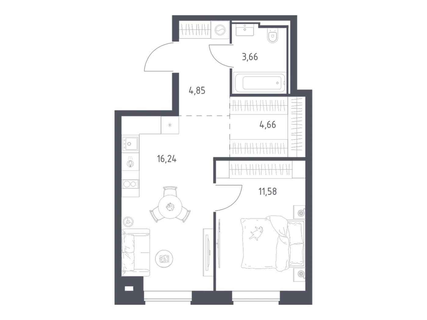 Планировка: 1-комн. квартира 40.99 м² в новостройке Литературный Квартал