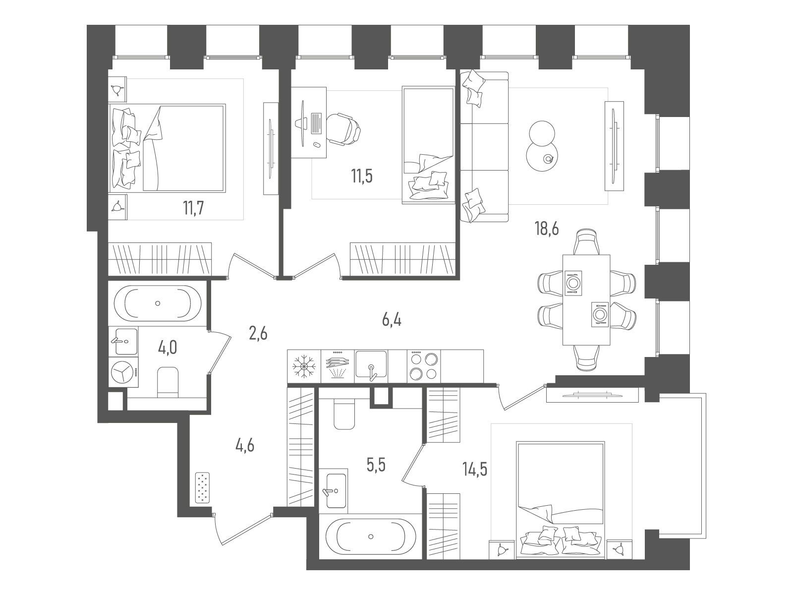 Планировка: 3-комн. квартира 79.40 м² в новостройке Пейв