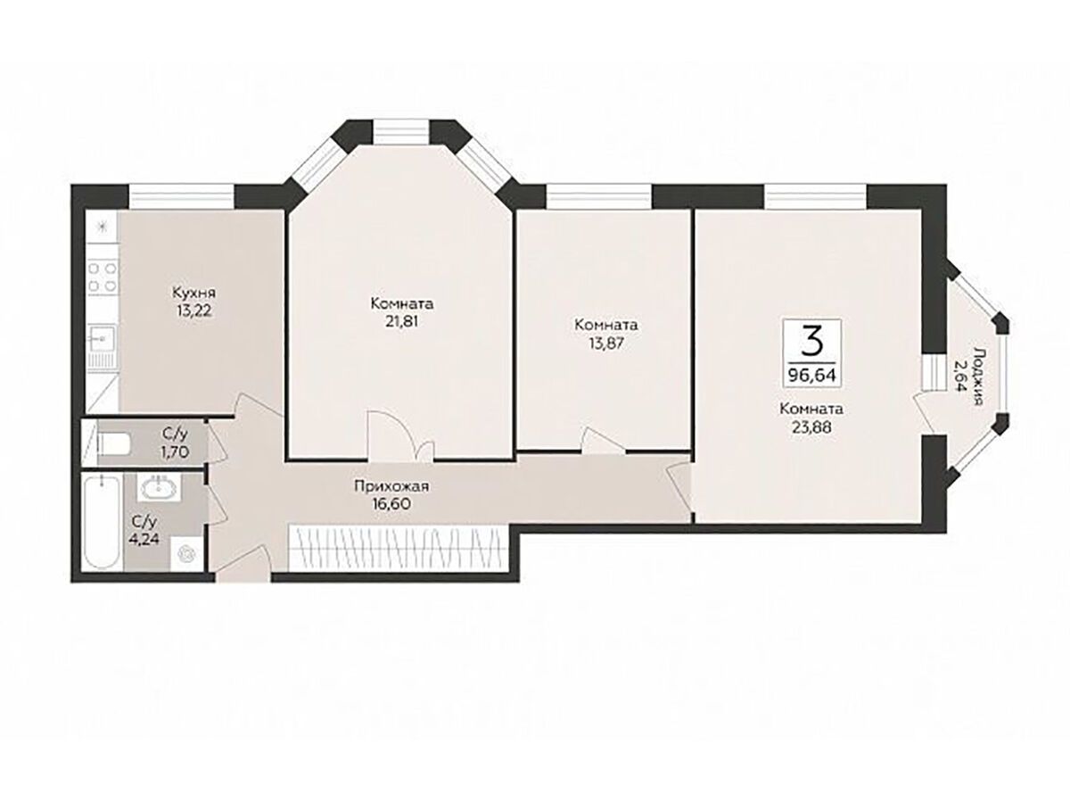 Планировка: 3-комн. квартира 96.64 м² в новостройке ЖК Пахра Сити