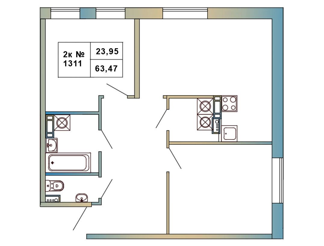 Планировка: 2-комн. квартира 63.47 м² в новостройке Атмосфера Выборга