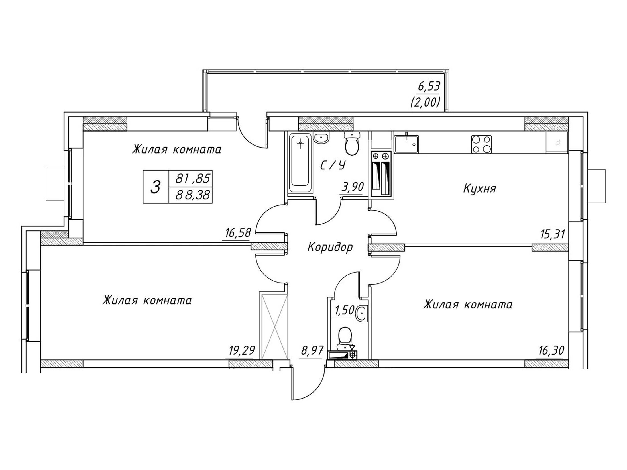 Планировка: 3-комн. квартира 88.38 м² в новостройке Большевик (Дмитров)