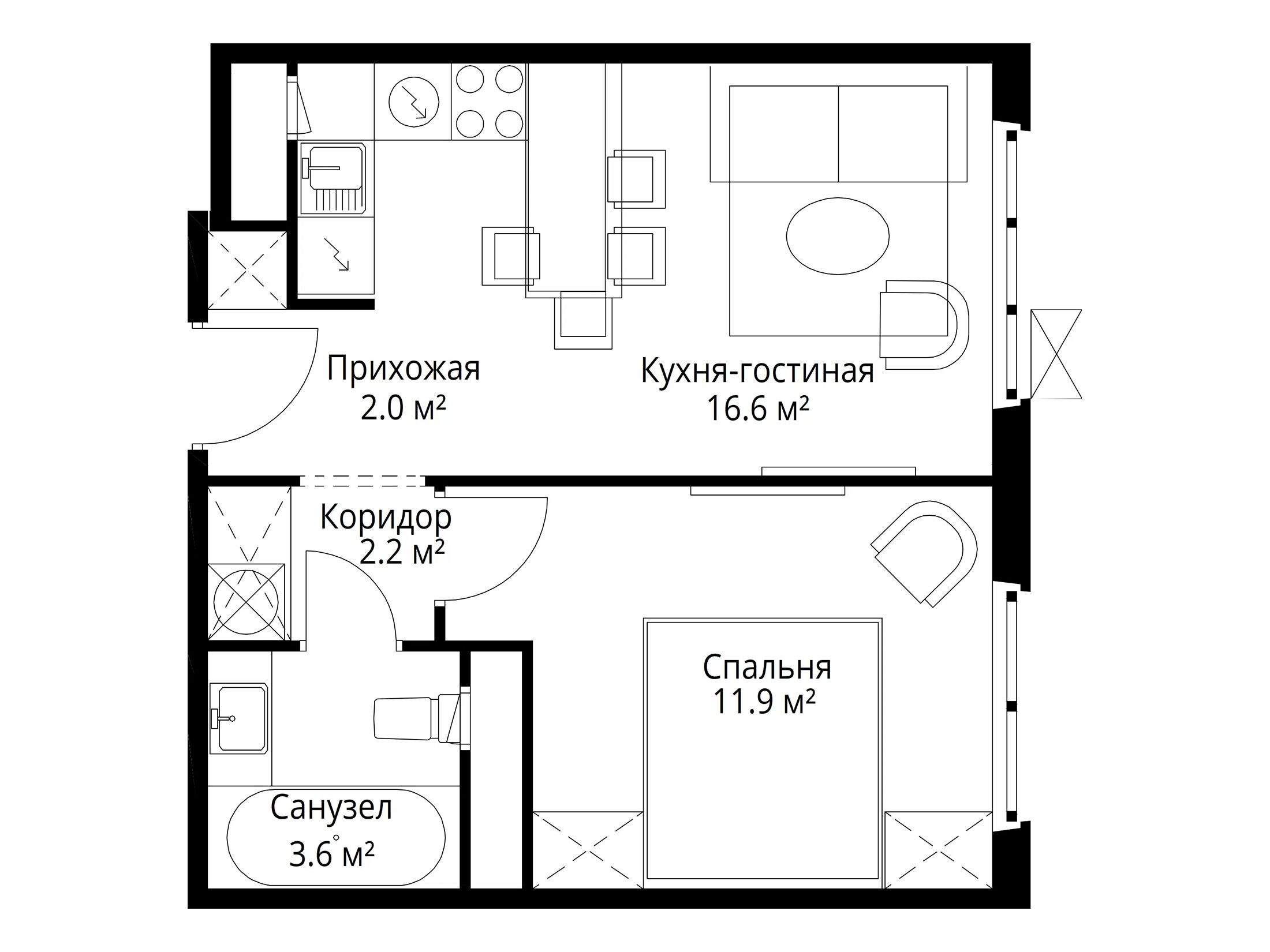 Планировка: 1-комн. квартира 36.30 м² в новостройке У реки Эко Видное 2